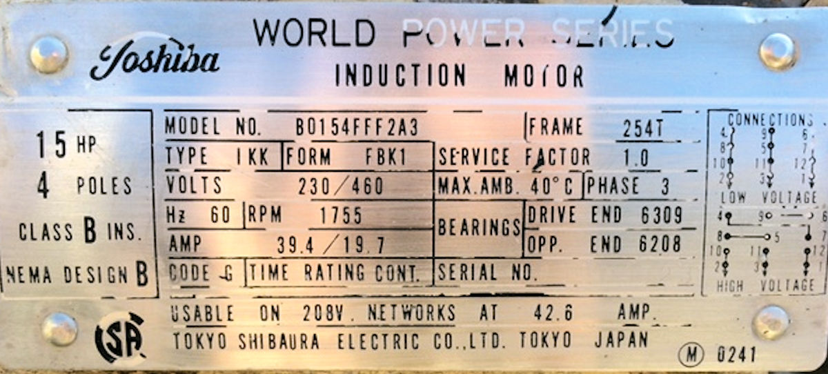 2 Units - Toshiba 15 Hp, 1755 Rpm Motors)